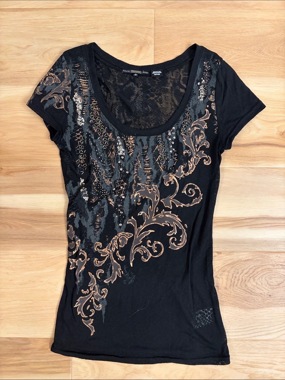 Miss Me Black Short Sleeve Scoop Neck Top with Bronze Scroll Print
